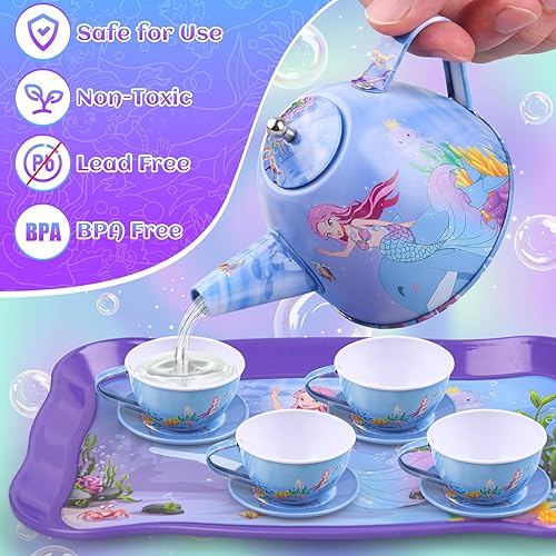 Miniatura 5 de Auney Juego de té para niñas, 36 piezas, regalos de sirena para niños pequeños de 3 a 6 años, juguetes para niñas, regalos para fiestas, incluyendo
