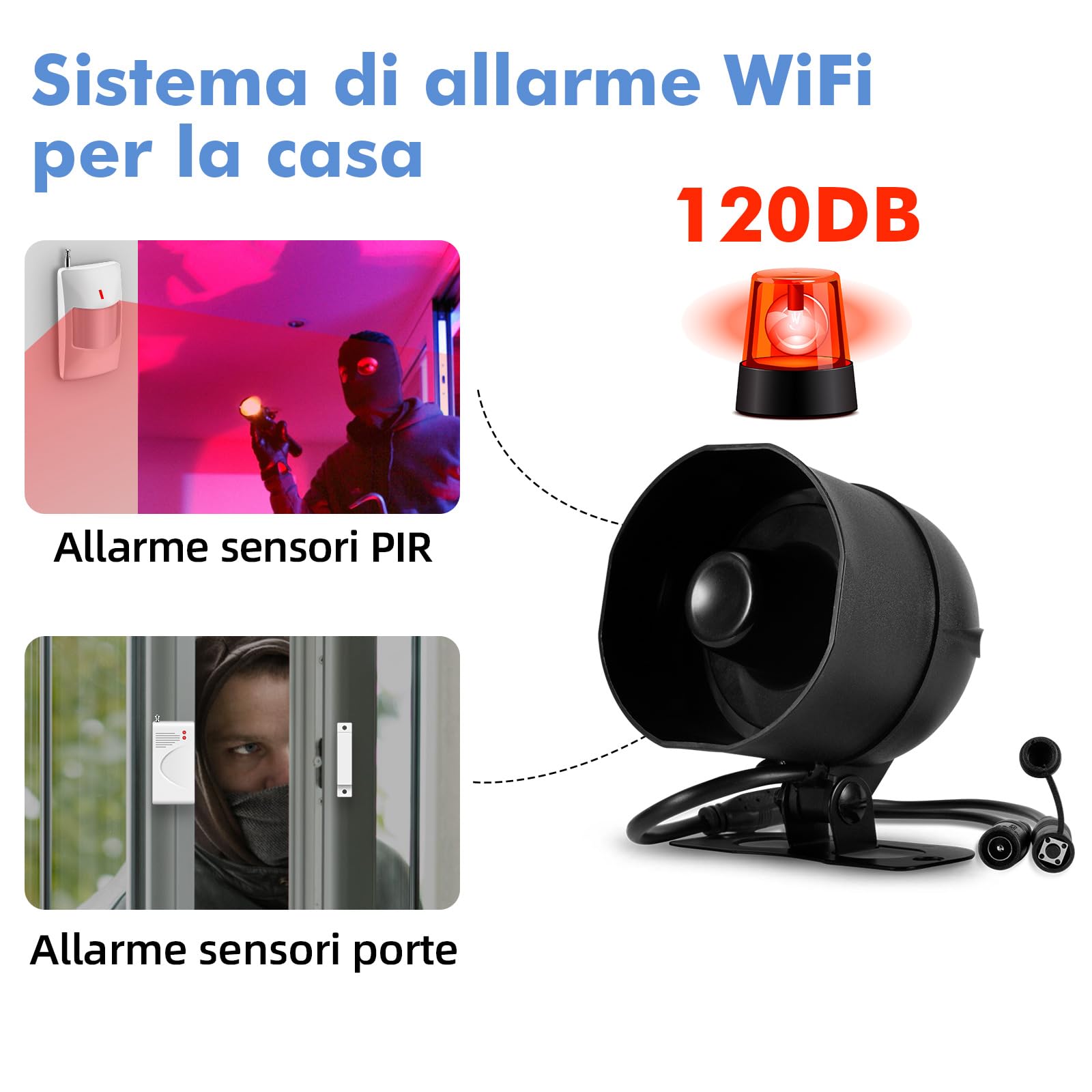 Sistema di allarme Kit WIFI, Allarme Casa da 120 dB con sensore di movimento, sensore per porte e finestre e Telecomando, Antifurto Sistema di Allarme per capannoni, camper, garage(Nero)