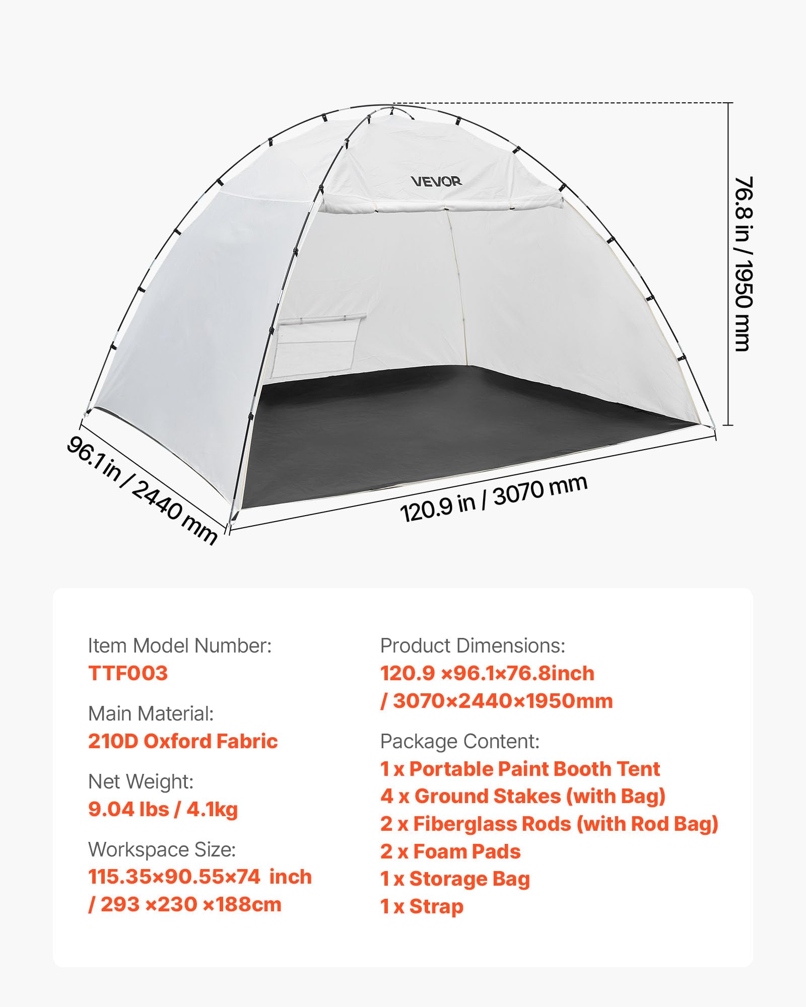 VEVOR Cabina de Pintura Portátil, Área de Trabajo 293 x 230 x 188 cm, Impermeable, con Suelo Integrado y Puerta Enrollable para Armarios, Sillas y Mesas, Tela Oxford 210D, para Proyectos Fluidos