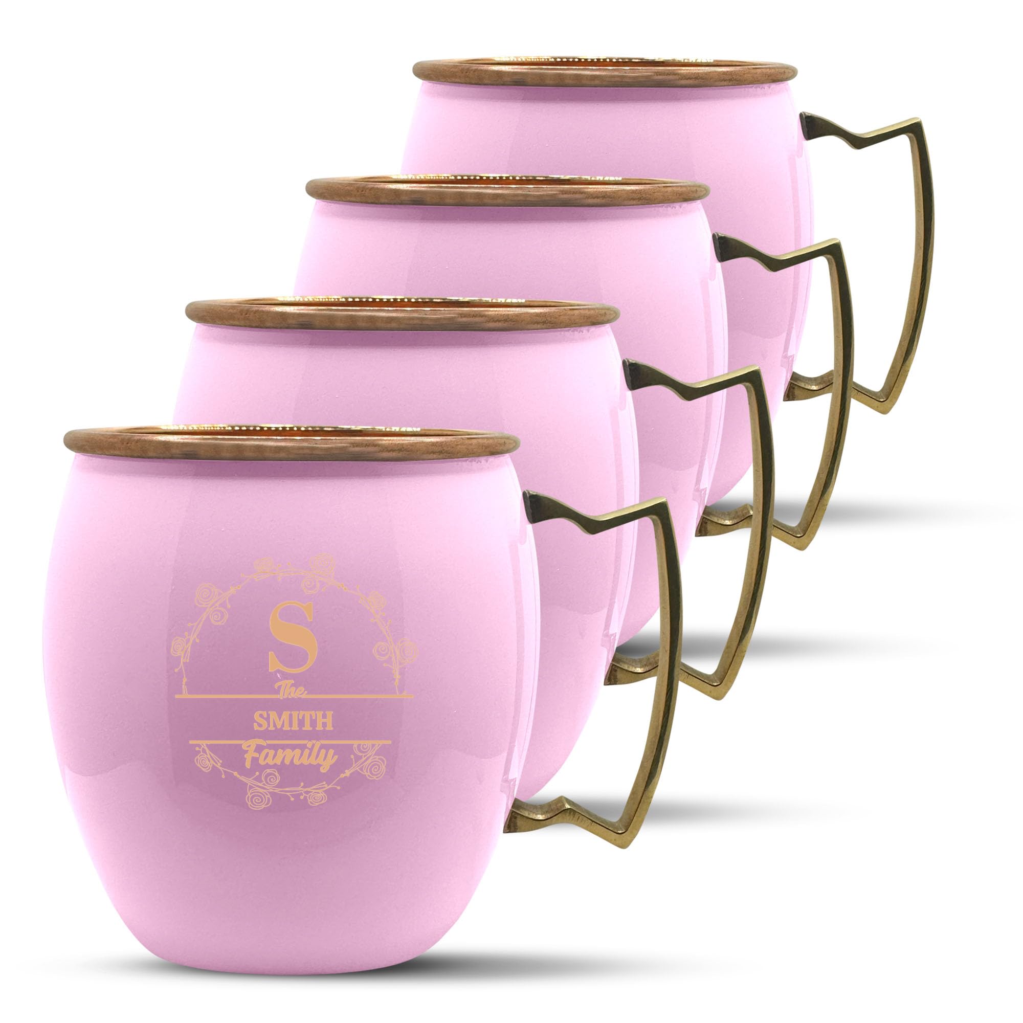 Custom Copper Moscow Mule with Smooth Painted Finish - Engraved Bar Style 100% Copper Cup with Personalized Floral Family Initial Monogram Themed Engraving, Brass Handle | 18 oz, Pink | Set of 4