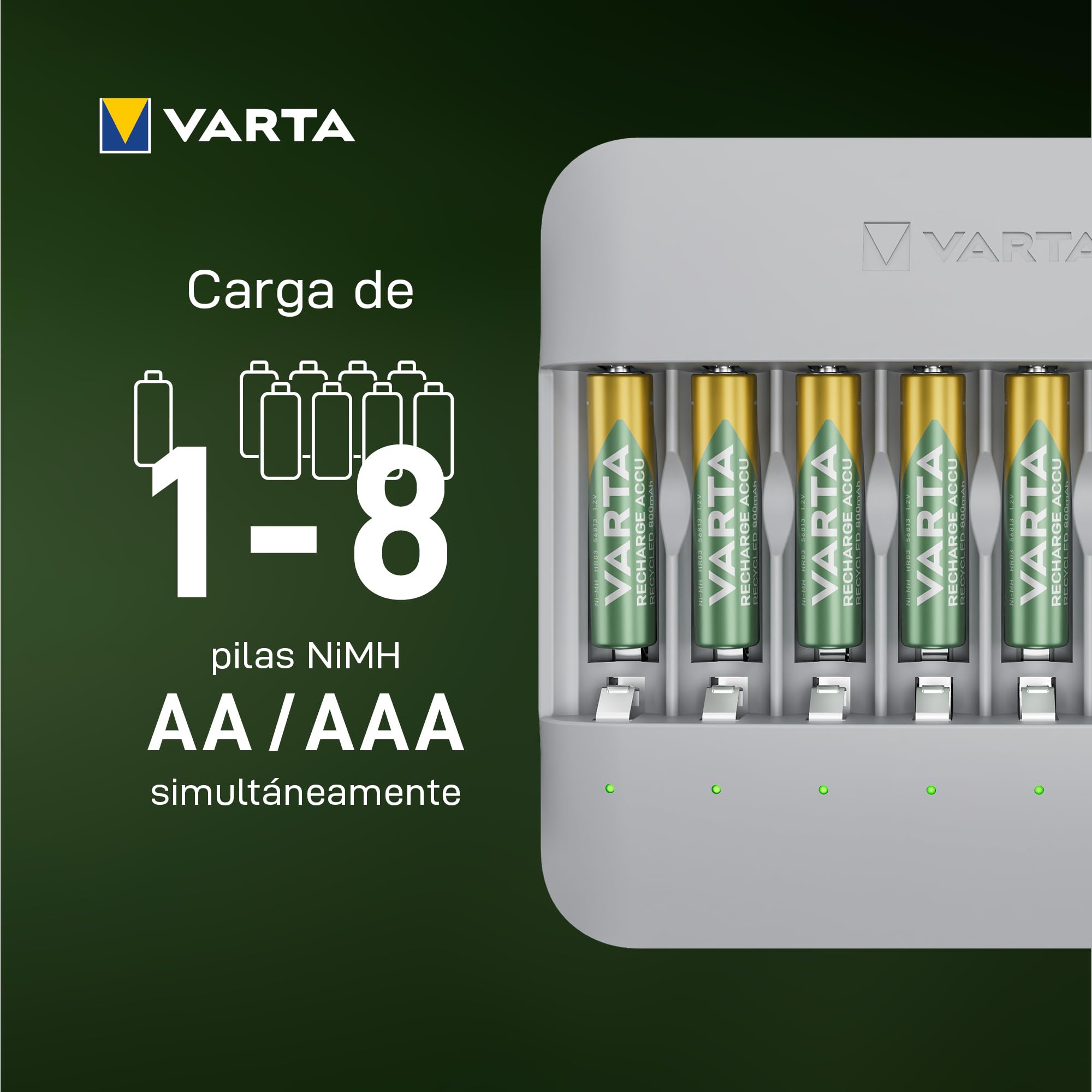 VARTA Cargador para 8 AA/AAA Pilas Recargables, Eco Charger Multi Recycled | para pilas recargables NiMH, 75 % de material reciclado, Incl. 8x AAA 2100 mAh