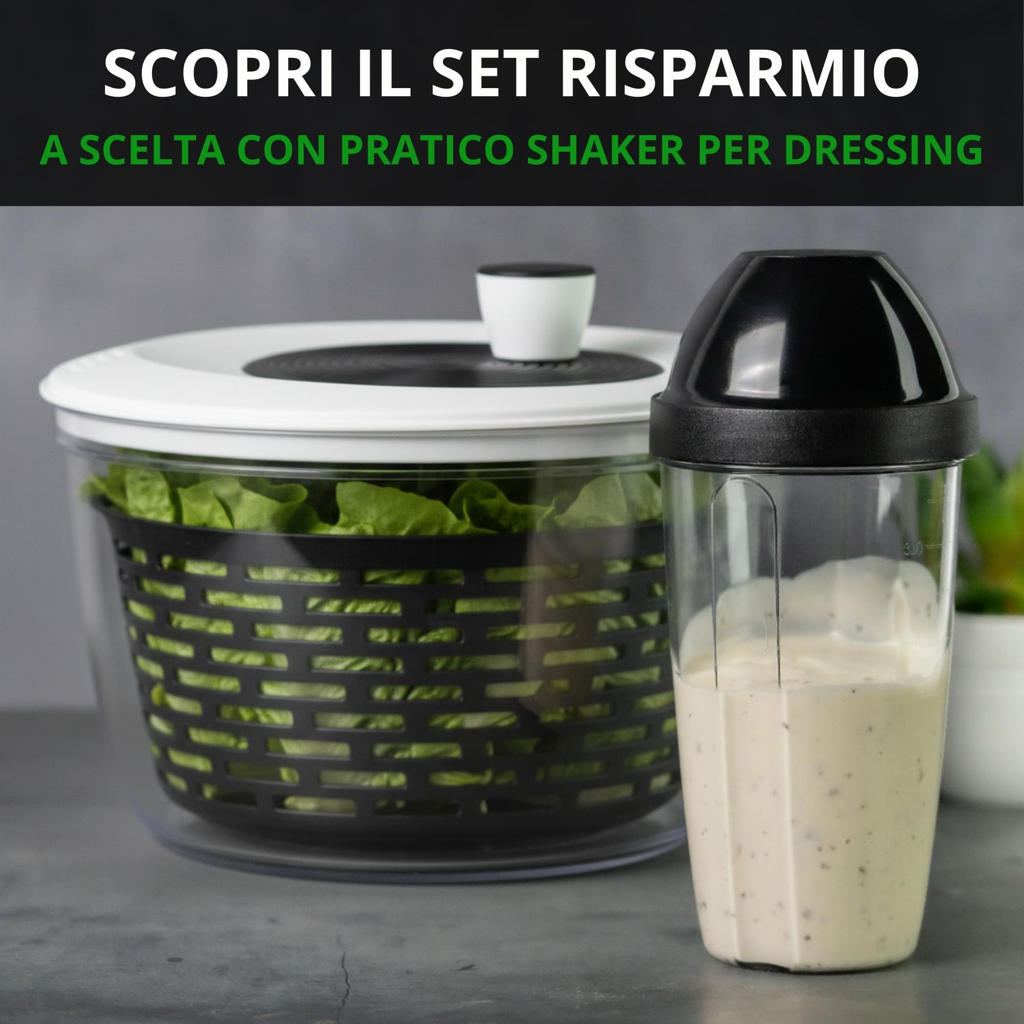 Centrifuga insalata Premium 5 L – 60 giorni di prova senza rischi – 2 in 1 antiscivolo: centrifuga & insalatiera – Ø 24,5 cm – senza BPA – lavastoviglie – per asciugare l’insalata – eBook incluso