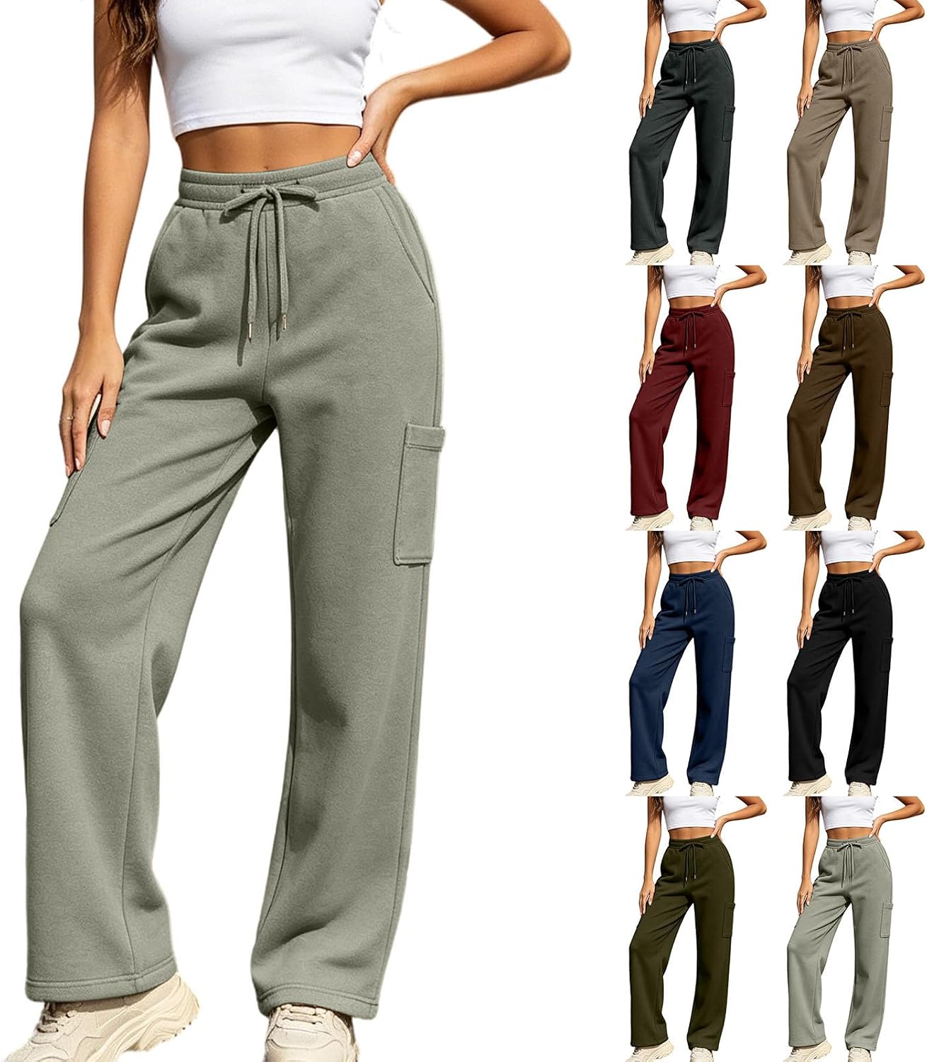 Women's Straight Wide Leg Cargo Sweatpants Drawstring Work Trousers | Athletic Straight Leg Active Joggers, Casual High Waist Track Pants, Business Casual Slacks with Side Pocket