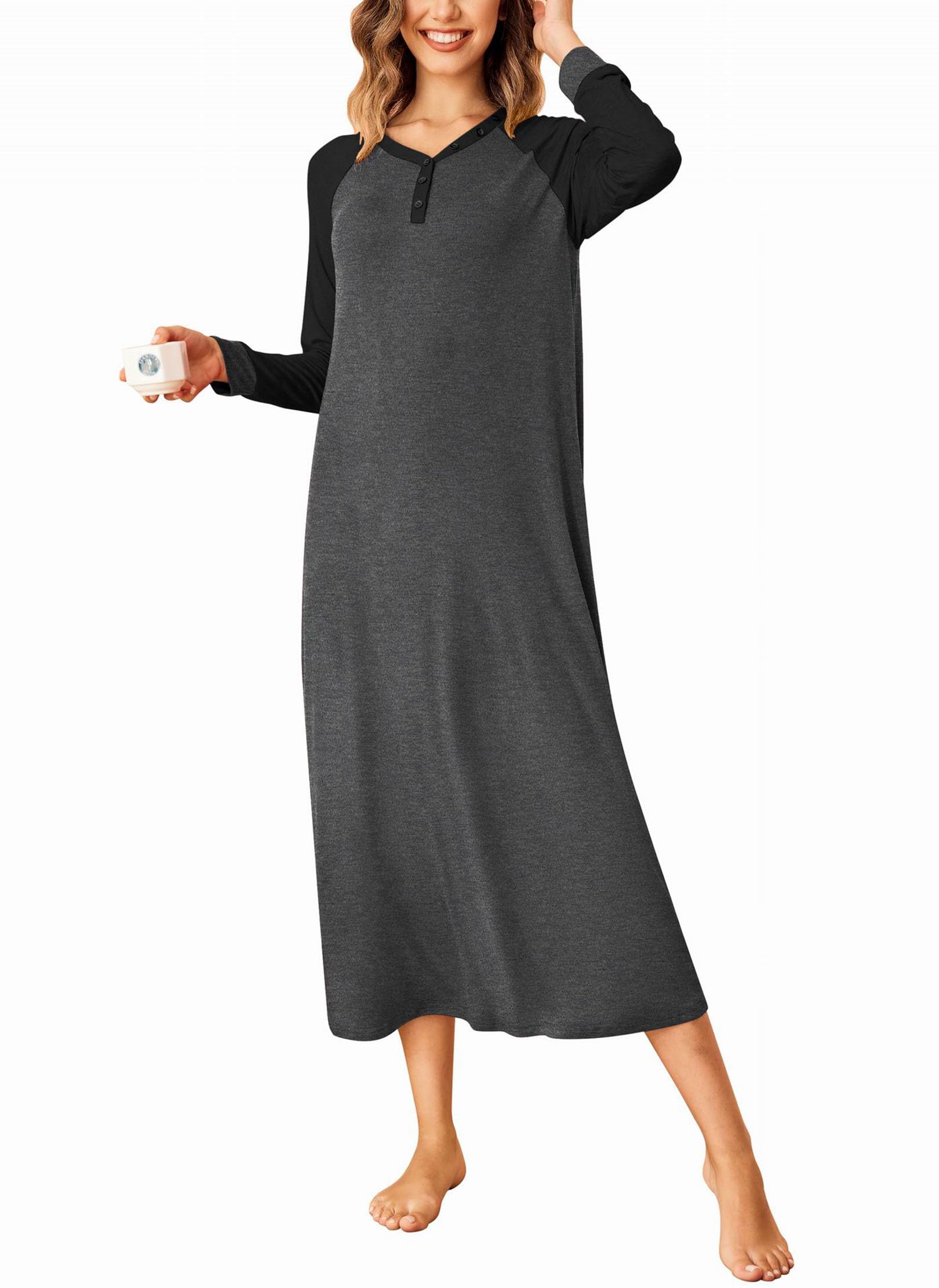 EkouaerSleep Shirt Women's Long Sleeve Sleepwear V-Neck Night Dress Nightgown Loungewear S-XXL