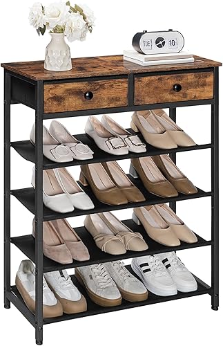 Miniatura 8 de HOOBRO Zapatero, organizador de almacenamiento de zapatos de 5 niveles con 2 cajones no tejidos, 12-16 pares de zapatos para entrada, estante de