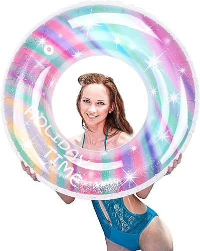 Flotador de piscina con purpurina, anillo inflable de arcoíris con asa, coloridos juguetes de fiesta de natación, balsa de descanso, flotador de