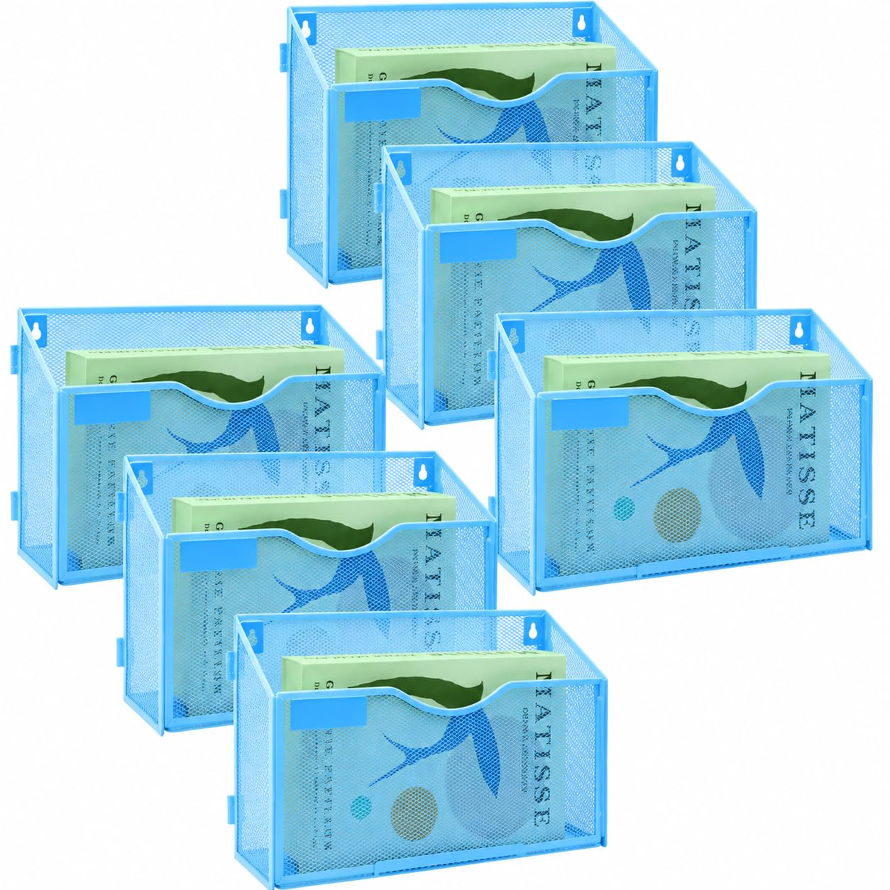 IOUGDSEC 6 Packs 1 Tier A4 Mesh in Tray Hanging Wall File Holder Magazine Document Holder Mail Organiser Magazine Storage Rack,Durable Metal Mesh Filing Storage, Sky Blue
