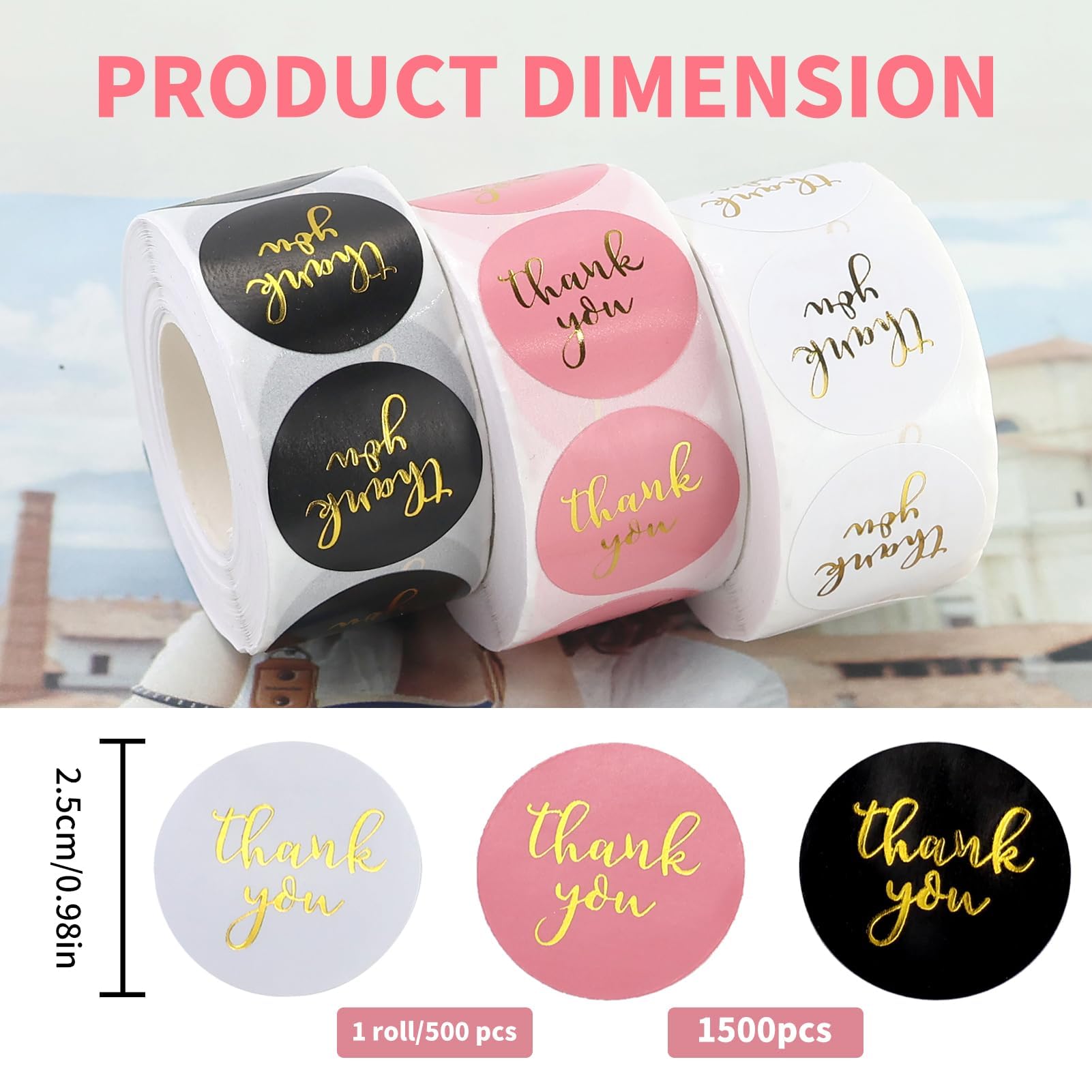 3 Roll / 1500 Pcs 1 Inch Thank You Stickers - Image 2