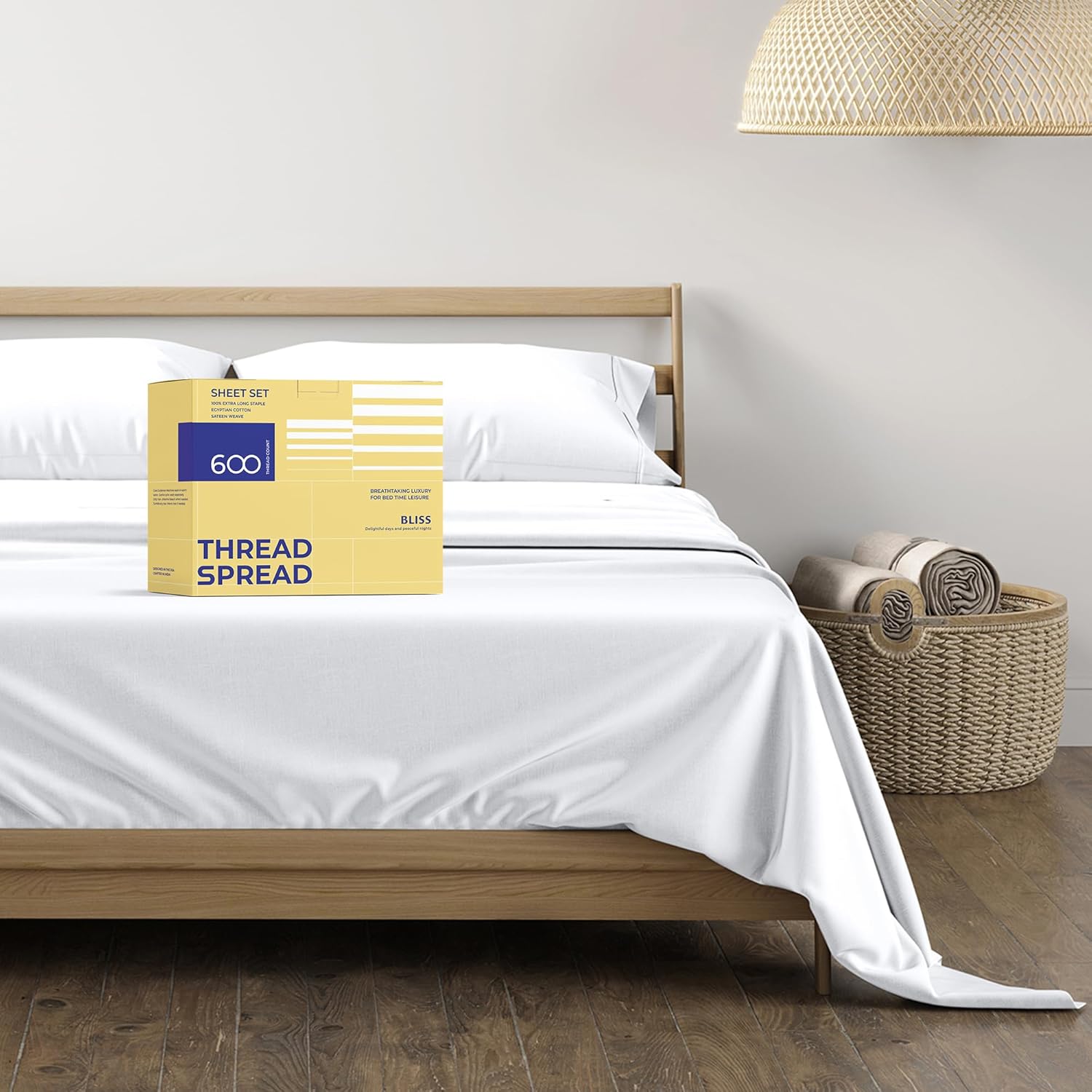 THREAD SPREAD 100% Egyptian Cotton Sheets Full Size - 600 Thread Count White Sheet, 4 PC 16" Deep Pocket Full Size Sheets Sets, High Thread Count Soft Cooling Sateen Weave Cotton Hotel Luxury Sheet