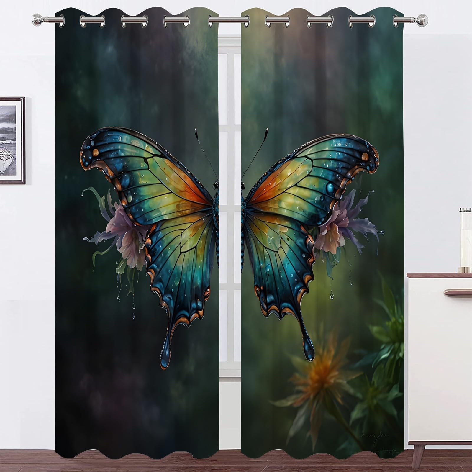 Genérico Niebieskie i zielone zasłony dekoracyjne motyl - termiczne nieprzezroczyste 2 sztuki 140x145cm, izolowane zimno/ciepło do salonu i sypialni z pierścieniami SA1183