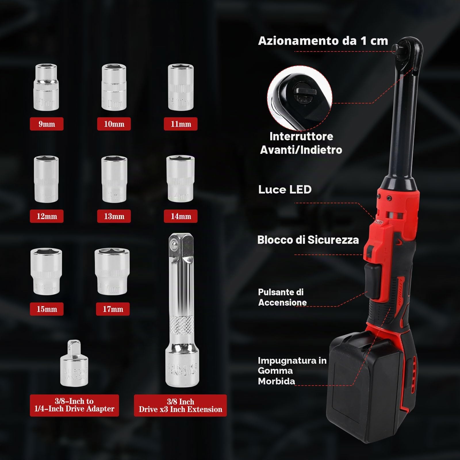 Kit di chiavi a cricchetto senza fili 21V 3/8" 80N·m cricchetto elettrico a velocità variabile, batteria e caricabatterie da 2,0 Ah, 8 prese, adattatore da 1/4", barra di estensione da 3