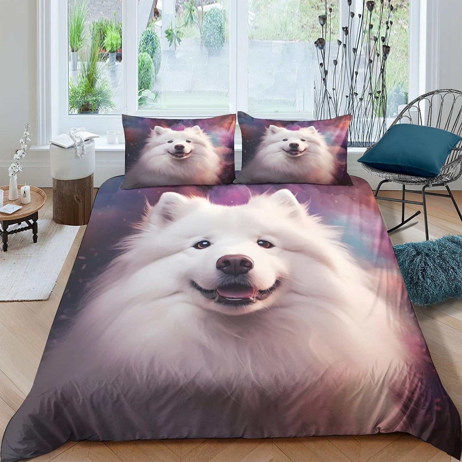 GPLZQXKJNH 3D Printed White Samoyed Dog Duvet Cover Microfiber Soft Breathable Fluffy Dog Bedding Set with 2 Pillowcases for Bedroom Sofa Decor Single（135x200cm）