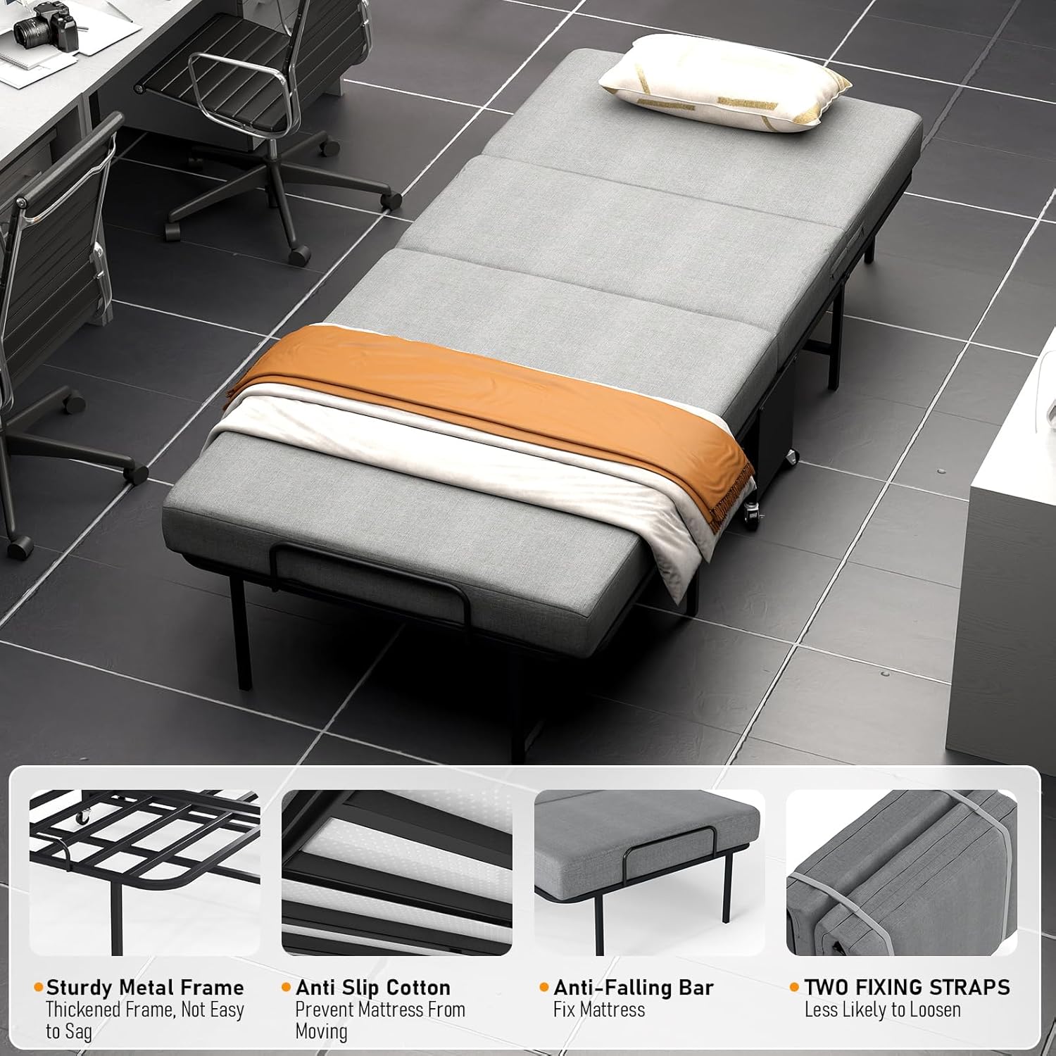 SADENICEL Folding Bed with Mattress for Adults, Twin Size, Portable Foldable Roll Away Bed on Wheels, Memory Foam Mattress and Super Strong Frame, Space Saving Fold Up for Easy Storage, 75" x 38"