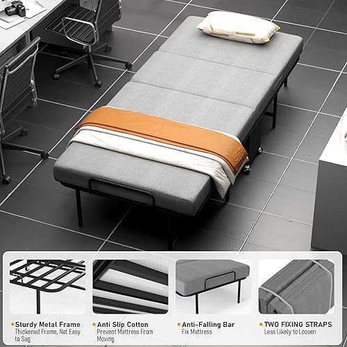 Miniatura 4 de SADENICEL Cama plegable con colchón para adultos, tamaño individual, cama plegable portátil con ruedas, colchón de espuma viscoelástica y marco