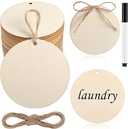 40 unidades de círculos de madera para manualidades, etiquetas redondas de madera en blanco sin terminar con agujero y rotulador, etiquetas de