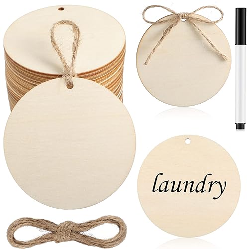 Jetec 40 Pcs Wood Circles for Crafts 3 Inch Round Wood Ornaments Blank Unfinished Wooden Tag with Hole and Marker Pen for Craft DIY Painting Valentine's Day, Wedding, Birthday Hanging Decoration