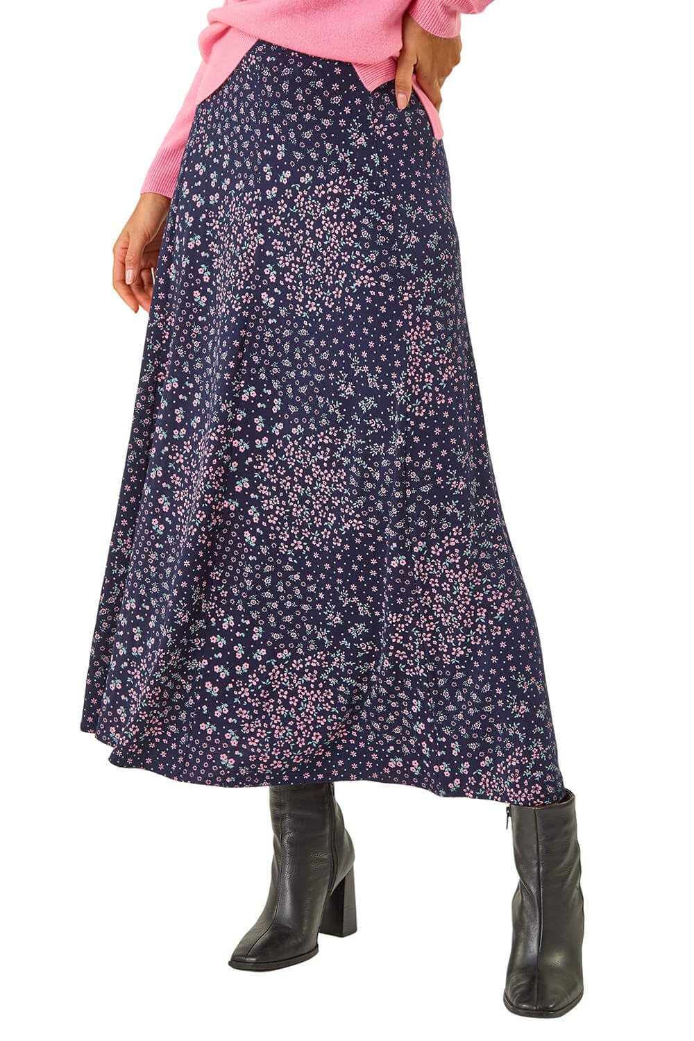 Roman Jersey Skirt for Women UK - Ladies Midi Maxi Floral Animal Print Autumn Winter Swing Smart Casual Office Cocktail Party Going Out Evening Holiday Cruise - Navy Floral - Size 10