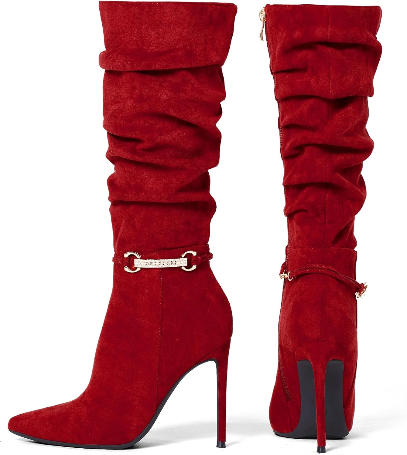 Elisabet Tang Women's Knee High Booties,Faux Suede 4" Stiletto Heel Pointed Toe Knee High Boots Side Zipper Boots Dress Shoes - Image 5