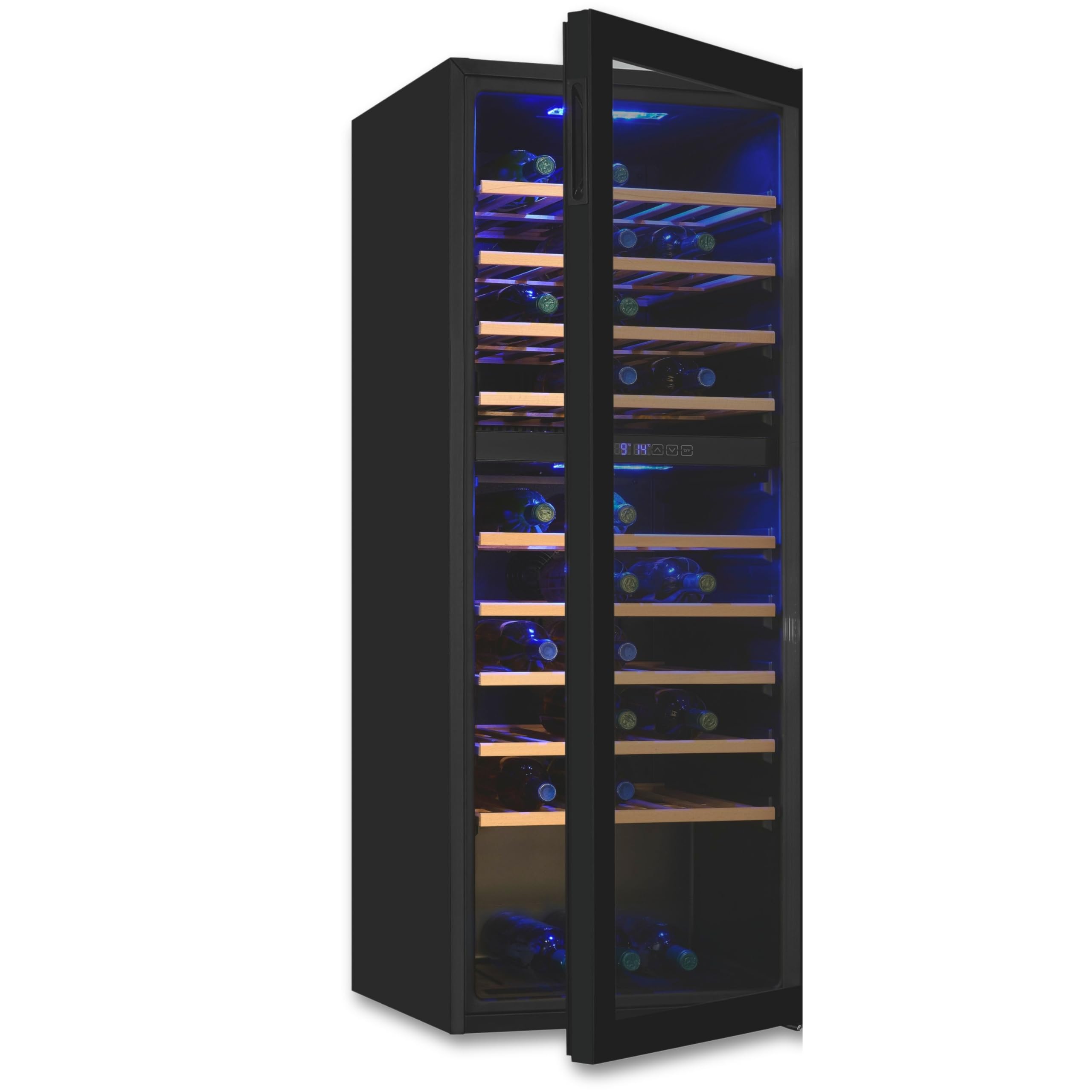 Exquisit Weinkühlschrank 2 Zonen 78 Flaschen 194 Liter Umluftventilator 9 Holzablagen Digitale Temperaturanzeige WS2-78-GTE-160G schwarz