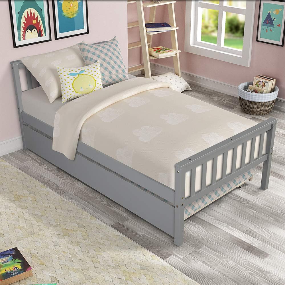 P PURLOVE Twin Size Daybed Frame Wooden Daybed with Headbora and Footboard,Daybed with Trundle Wooden Slat Support Sofabed, No Box Spring Needed