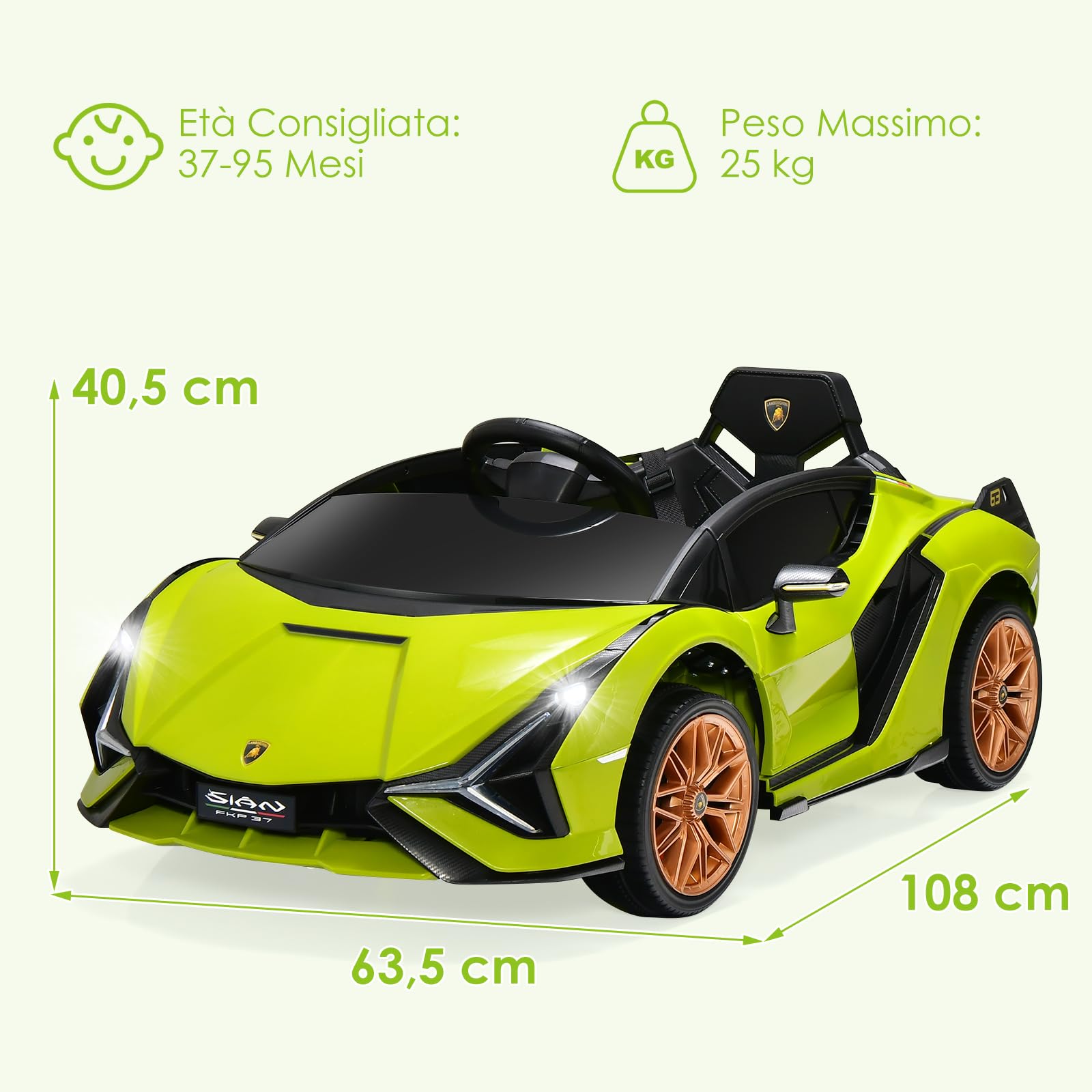 COSTWAY Macchina Elettrica Lamborghini per Bambini da 12V, Veicolo Elettrico con Luci LED MP3 Telecomando, Fino a 5km/h, +3 Anni (Verde)