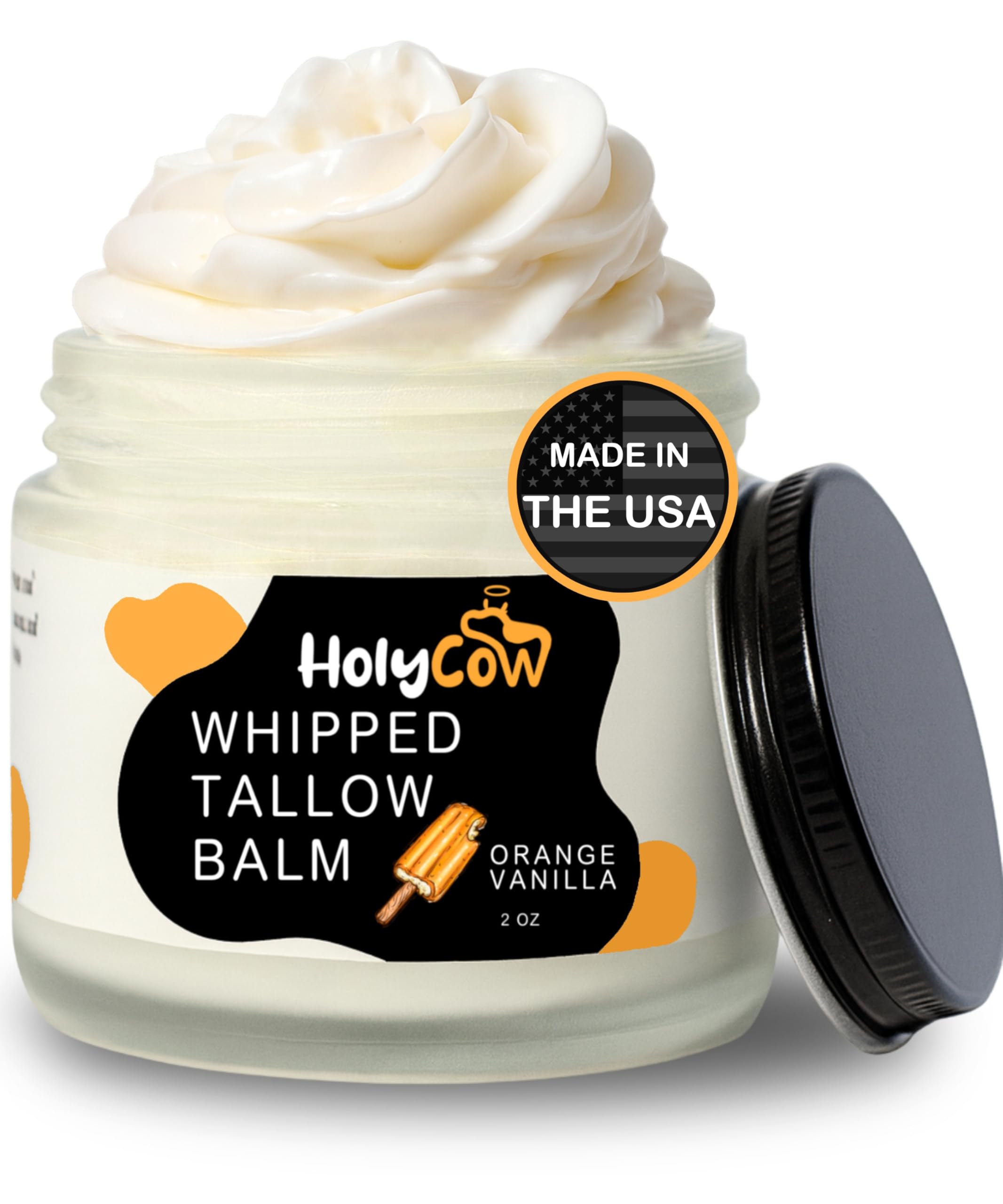 HolyCow Beef Tallow For Skin - Whipped Tallow Balm with Organic Jojoba Oil (Orange Vanilla), Grass Fed Beef Tallow Face Moisturizer for Eczema, Baby, Lip Balm - Lotion For Extremely Dry Skin