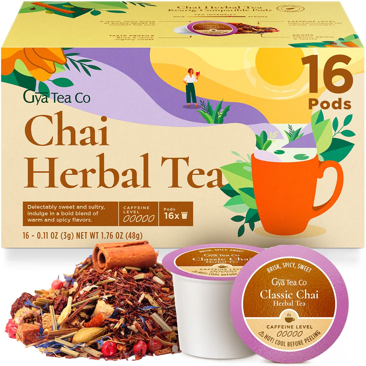 Gya Tea Co Chai Herbal Tea Pod (16 Count)- Decaf Wellness Tea for Body Comfort & Relaxing