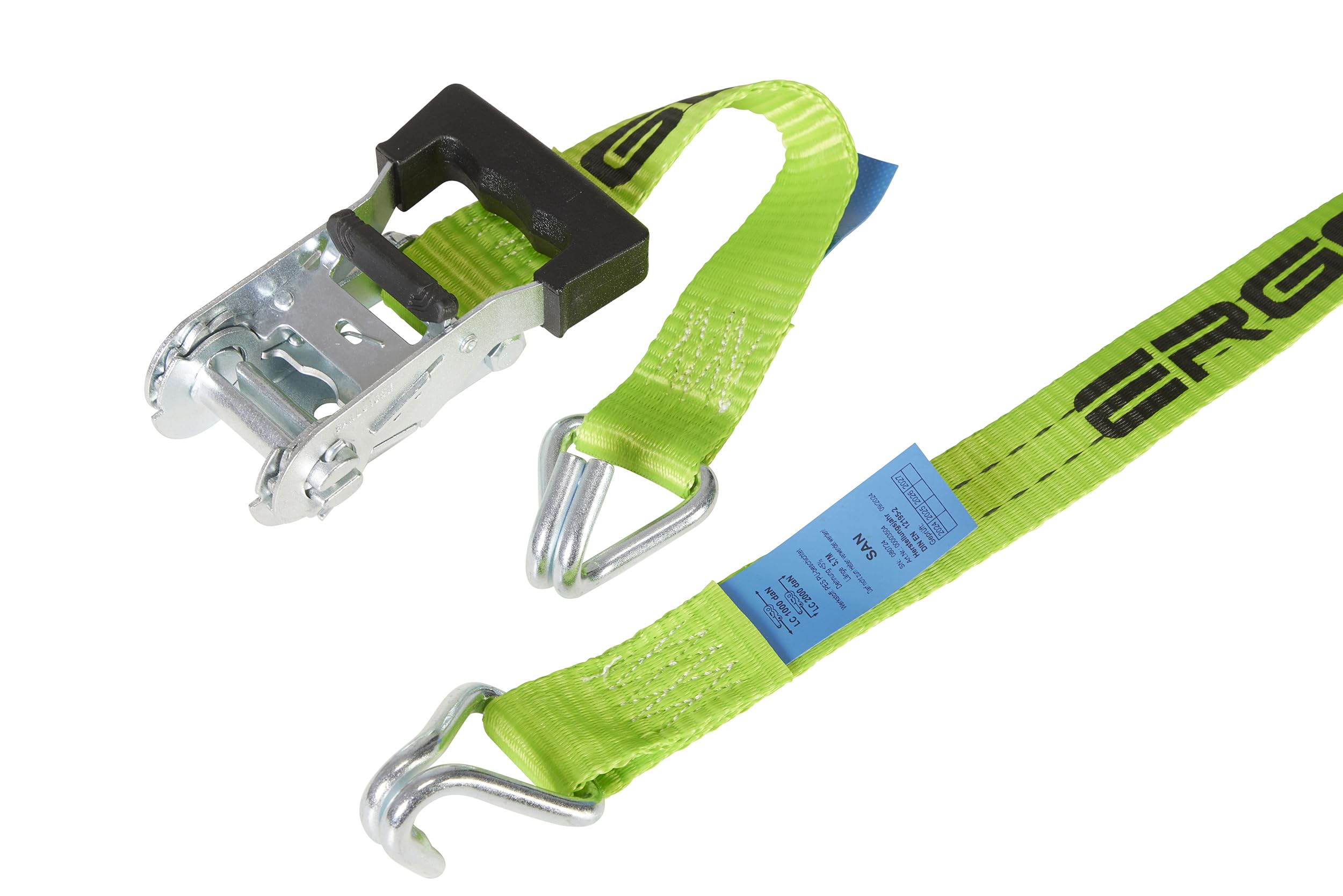 2er-Set ERGOLASH Spanngurte, 6 Meter (6m lang), 35mm breit, Zugkraft LC 1.000 daN, STF 200 daN, Zweiteilige Zurrgurte, Ratschenspanngurte mit Haken in Neon-Grün, gefertigt nach DIN EN 12195-2