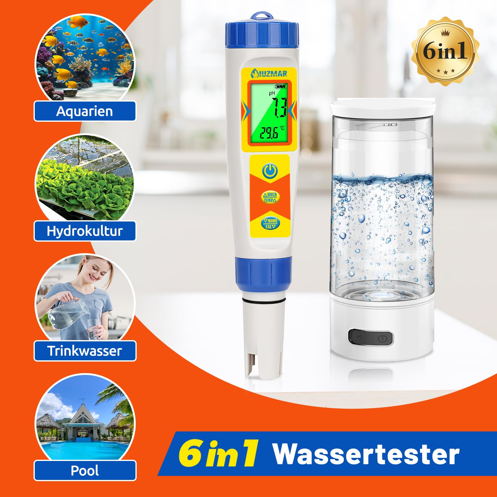 UIUZMAR Wasserstoff Messgerät und pH Messgerät Wasser, Wasserstoff Wasserflaschentester für Trinkwasser, 6 in 1 Wasserqualitätstester Mit pH H2 ORP TDS EC TEMP Funktion für Pool, Whirlpool, Hydroponik