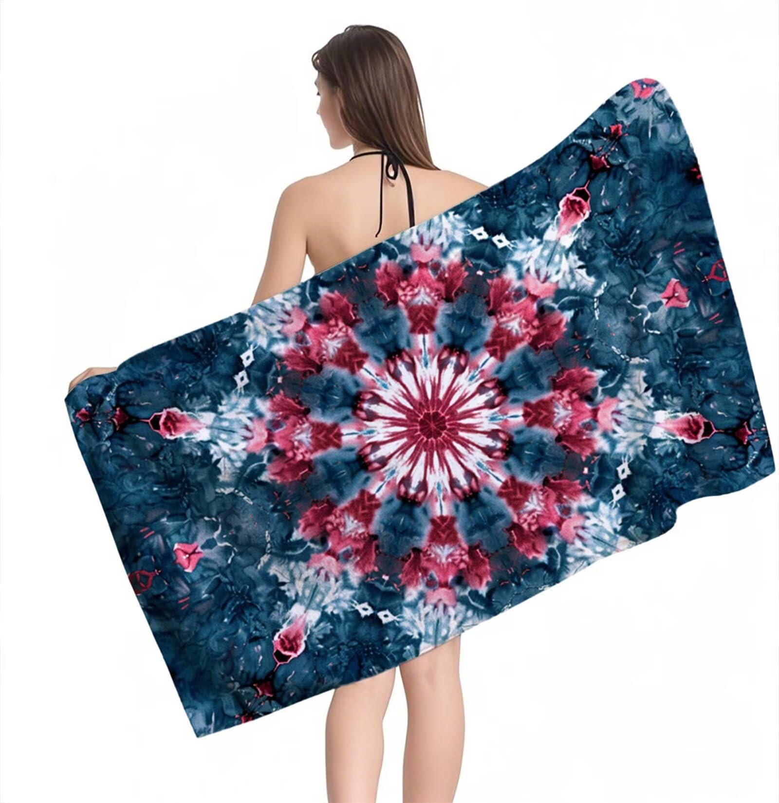 Ręcznik plażowy z mikrofibry 220 x 100 cm duży ręcznik kąpielowy Mandala ciemnozielony mata plażowa anty piasek, ręczniki sportowe, szybkoschnące, kompaktowe i lekkie, do sportu, podróży, sauny