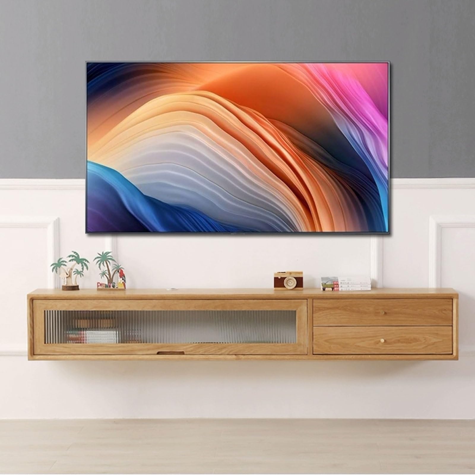 Mueble TV Mueble de TV for colgar en la pared Mueble de TV flotante for montar en la pared con 2 cajones de almacenamiento grandes y un estante abierto con puerta de vidrio Consola de TV Mesa colgante