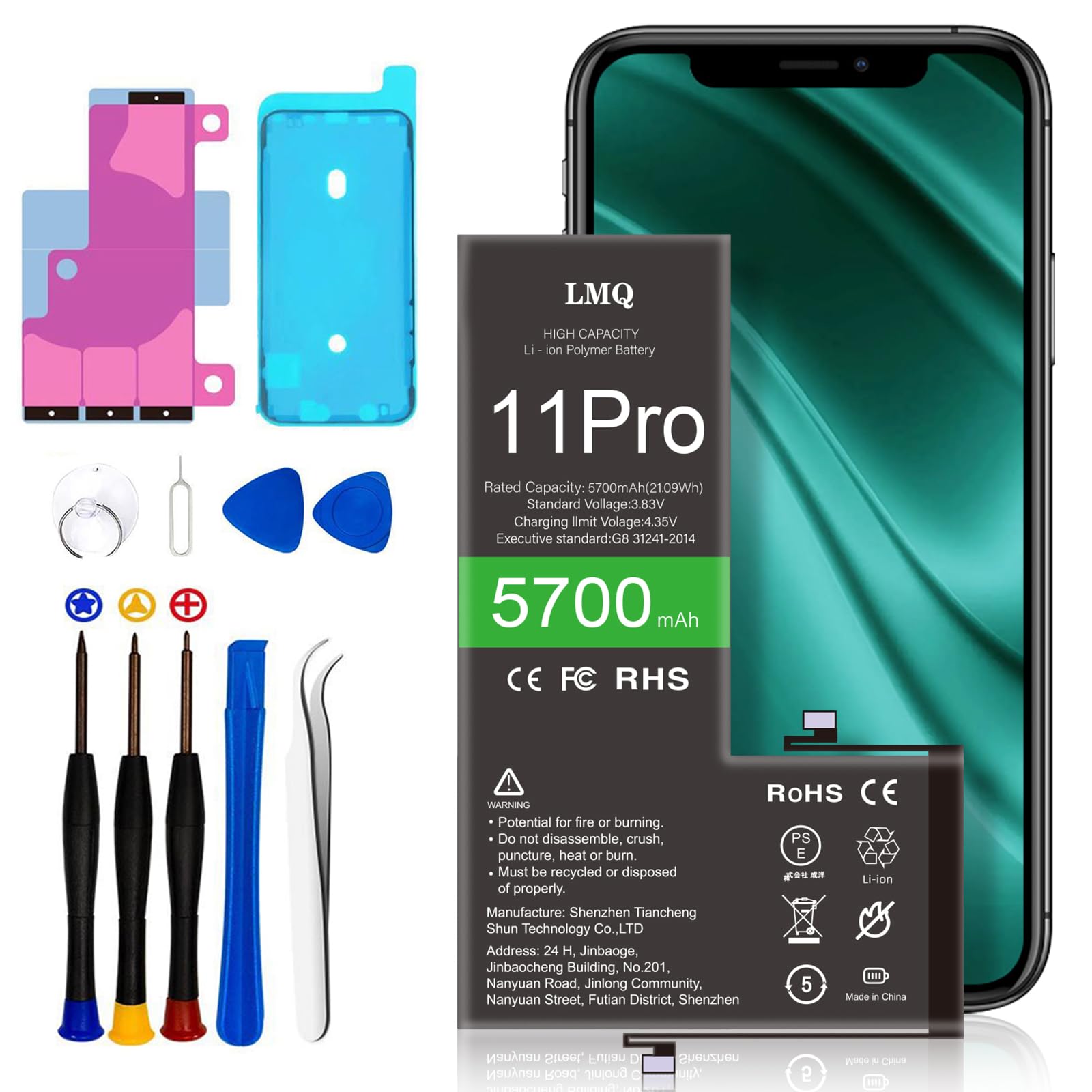 LMQ 5700mAh Super Capacity Battery Compatible with iPhone 11 Pro, 0 Cycle Li-Polymer Replacement Battery for iPhone 11Pro （Model A2160 A2217 A2215） with Repair Tool Kit+Adhesive