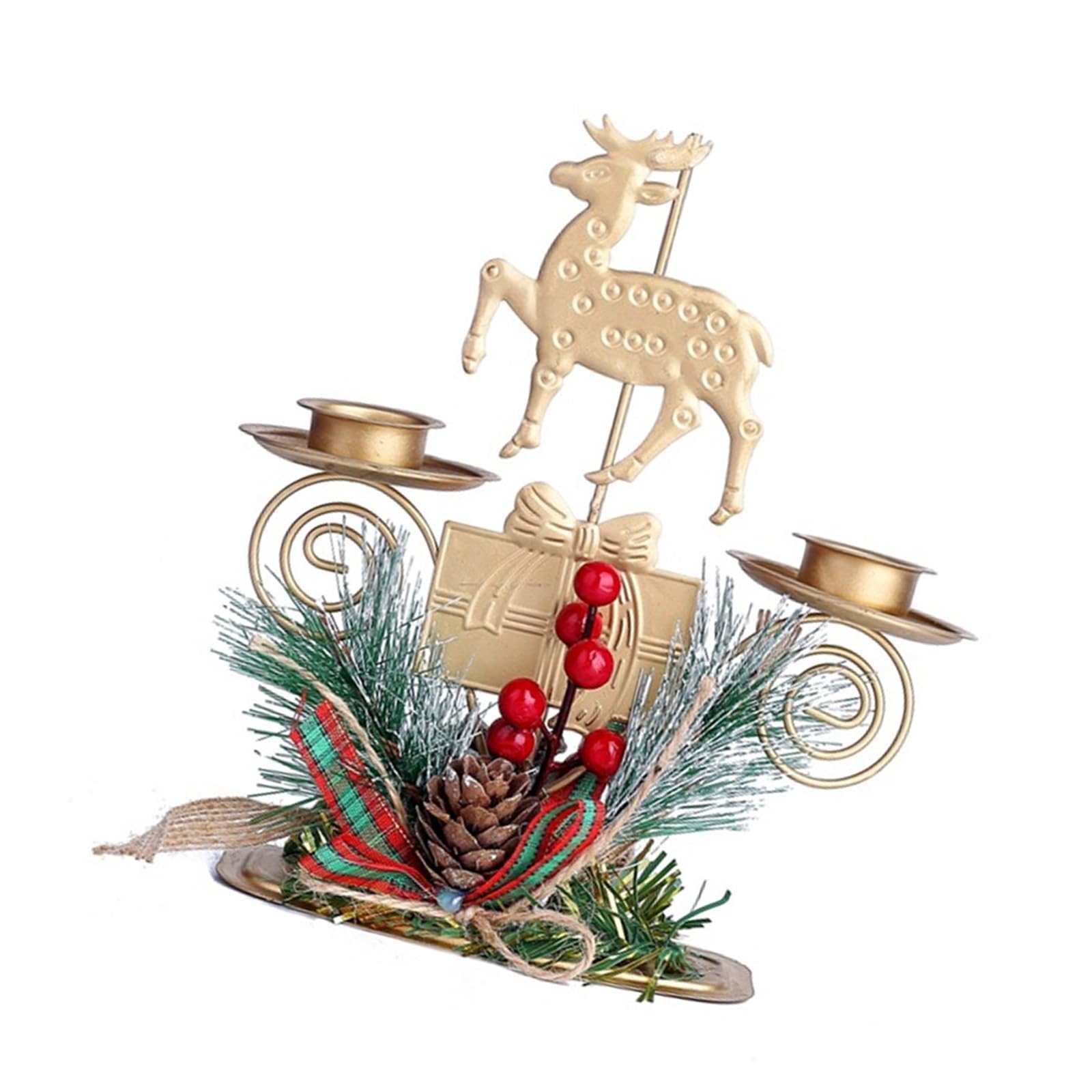 Jazuaiao Gold Christmas Double Holder with Pine Nut and Bowknot Decors Pillar Candlestick for Table Centerpieces Iron Candleholder