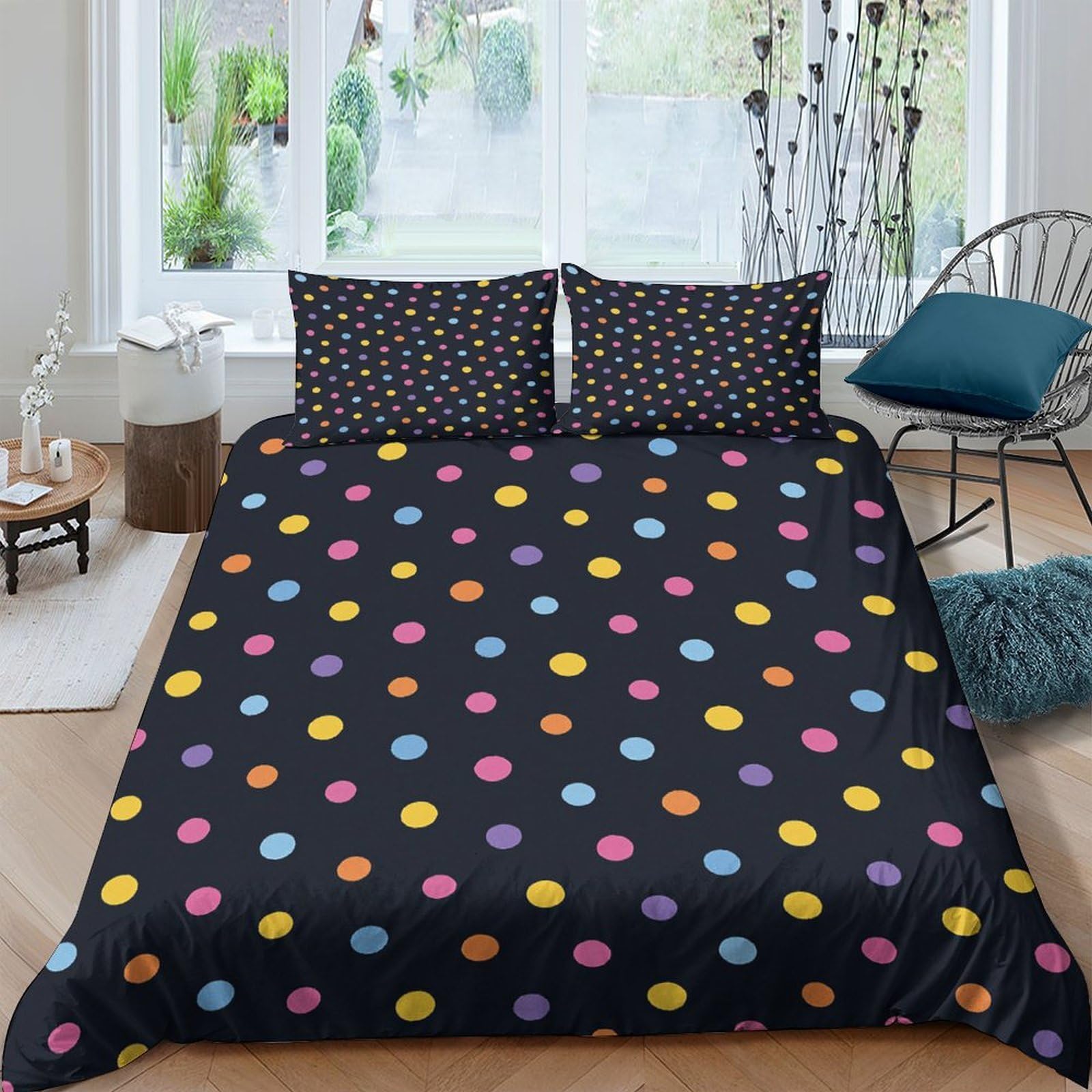 Ctjqhvkz Style-1 3D Printed Colorful Polka Dot Fitted Sheet Microfiber Soft Black Bed Cover For Bedroom Dorm Guest Room Decor Single（135X200cm）