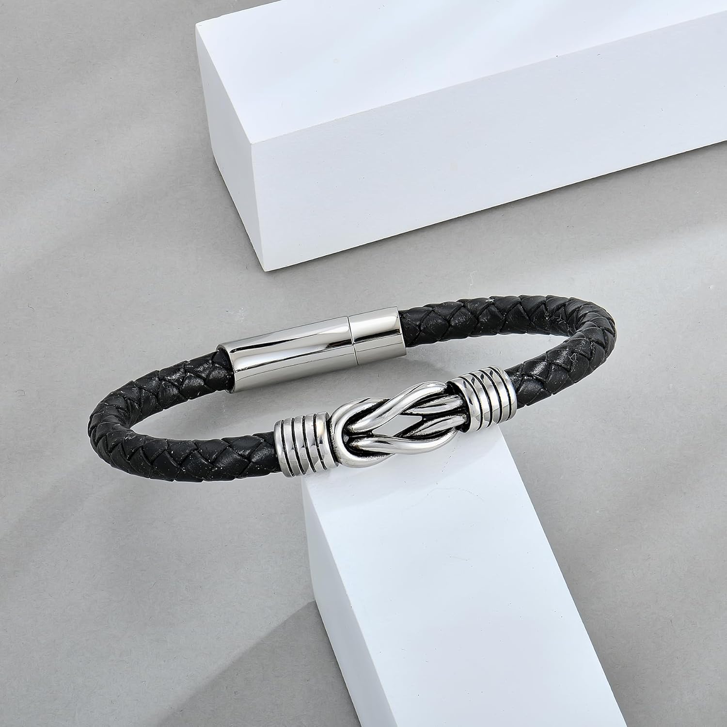 STARCHENIE Leather Infinity Knot Bracelet for Men Stainless Steel Men's Black Braided Leather Bangle Bracelets - Image 4