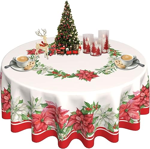 SuQKXCo Mantel Redondo de Navidad de 60 Pulgadas Poinsettia Acebo Rojo y Blanco Mantel de Navidad Impermeable Paño de Mesa Lavable Cubierta de Mesa