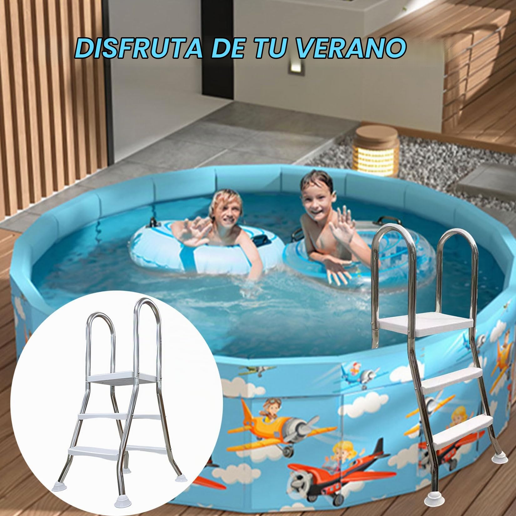 BOTOWI Escalera de Piscina sobre el Suelo de Alta Resistencia, Escalera de natación con Marco de Acero Inoxidable de 2 escalones para Piscinas DE 33 Pulgadas,85cm