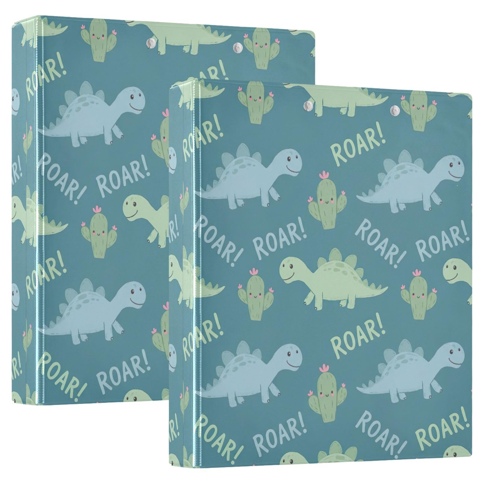 Raccoglitore a tre anelli flessibile con tasche, motivo dinosauro, cactus, color foglia di tè, confezione da 2