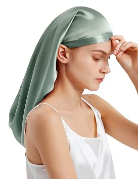 LilySilk 100% Silk Bonnet Mulberry 19 Momme Silk Sleep Cap Long for Curly Hair Night Cap for Sleeping, Silk Hair Wrap for Women Avocado Green