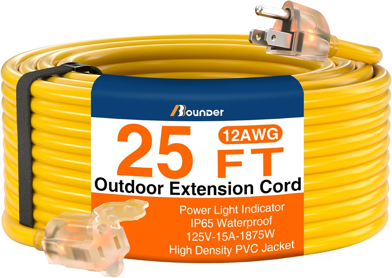 BBOUNDER 25 FT Outdoor Extension Cord Waterproof, 12/3 SJTW Heavy Duty 15A 1875W, Flexible 100% Copper 3 Prong Cords for Commercial Use and High Power Appliance, Yellow