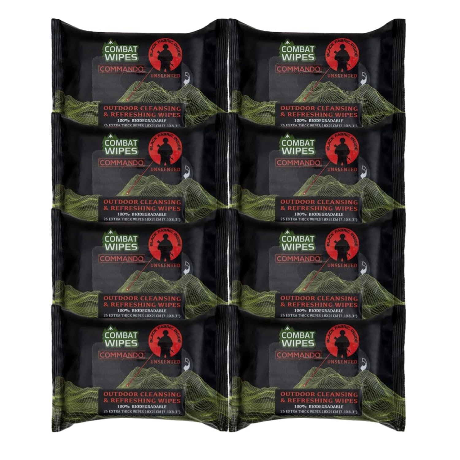 COMMANDO - Toallitas húmedas de camuflaje sin perfume, gruesas, biodegradables, resistentes para camping, militar, caza y mochileros con aloe y vitamina E (paquete de 8, 200 toallitas)