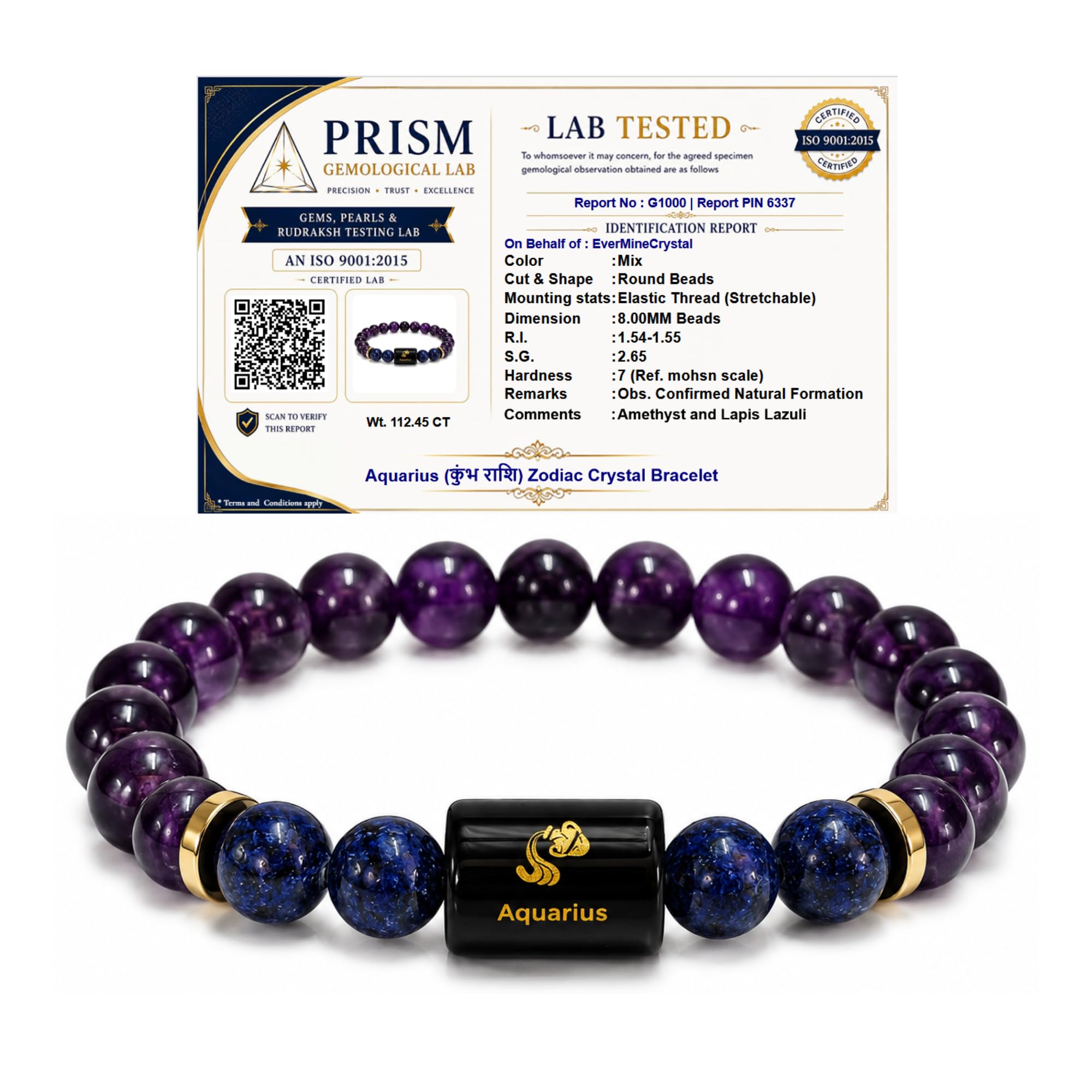 Aquarius Zodiac Bracelet (कुंभ राशि) | Certified Healing Crystal for Calm, Clarity & Emotional Balance | Original Amethyst & Lapis Lazuli | Bracelet for Man & Woman | Gift for Man & Woman-image-26