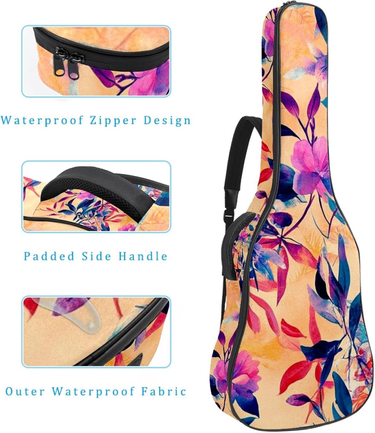 Colorful Aesthetic Flowers Guitar Bag 40 41 42 In 2 Pockets Guitar Case Waterproof Guitar Case Resistent Oxford Cloth 0.4 In Extra Thick Sponge Padded for Acoustic Guitar
