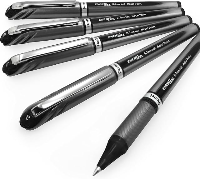 Pentel Energel BL27 Liquid Gel Ink Rollerball Pen - 0.7mm Metal Tip - Black Ink - Pack of 5