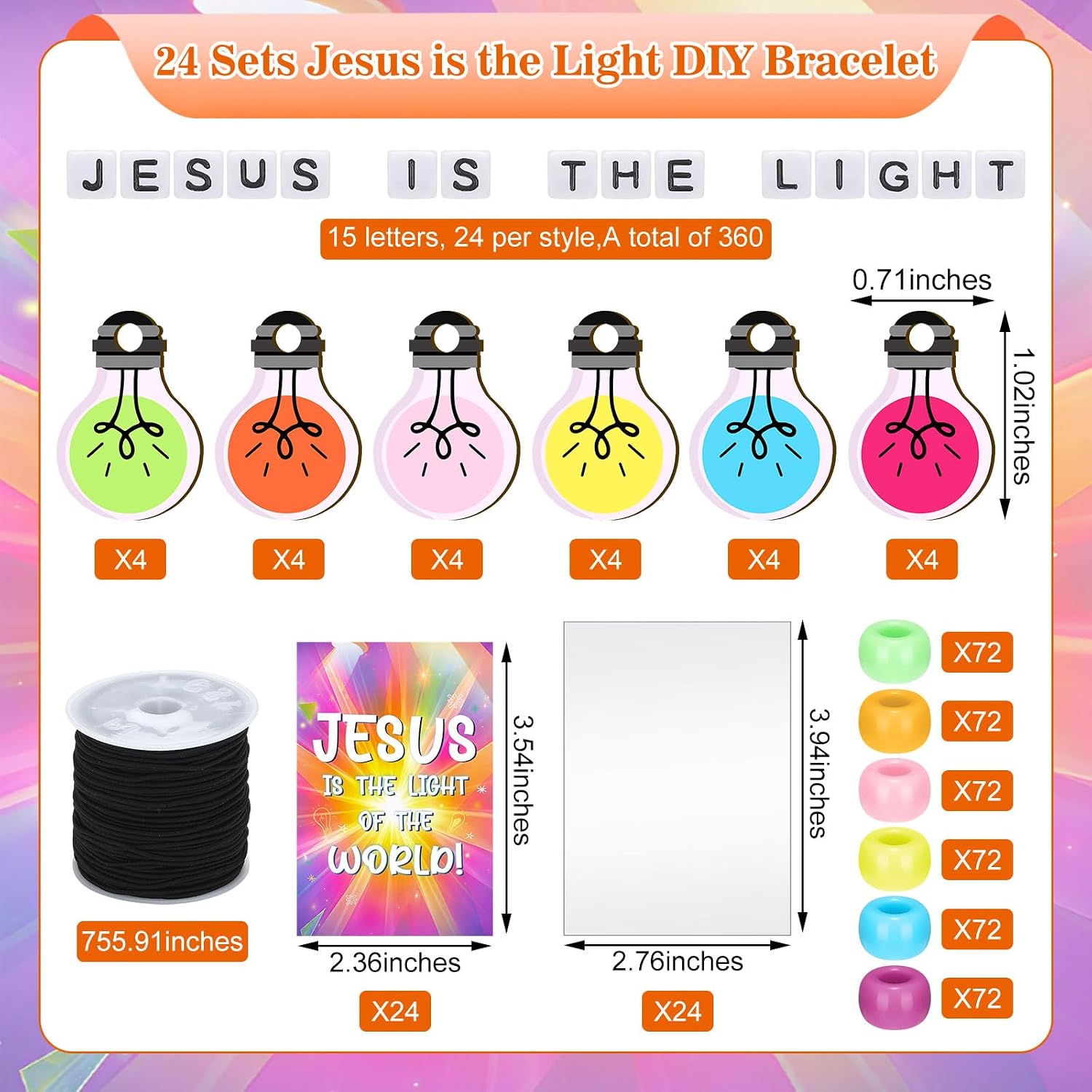 Kenning 24 Set VBS 2026 Bracelet Crafts Kit Illumination Theme Bracelet Bulk Jesus is The Light Making Kit Colorful Rainbow Bead Wristband Charms for Summer Christian Church Bible School DIY Gifts