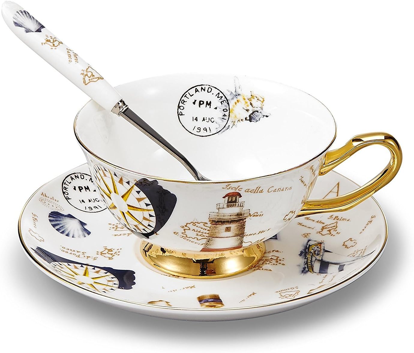 TouchLife Bone China Teacups/Coffee Cups & Saucers Sets with Spoons-6.7Oz, for Home, Restaurants, Display & Holiday Gift,White&Golden,With Gift Box(1 Set)
