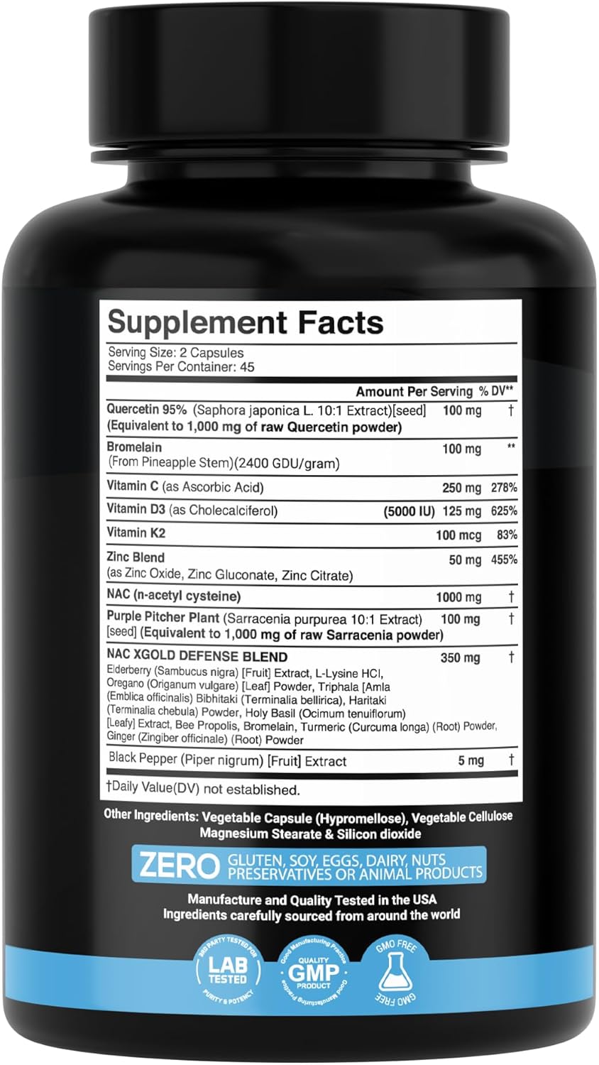 XGold Health Quercetin 95% with Bromelain,NAC, Zinc,Vitamin C, D3 & K2 – Immune Support & Antioxidant Supplement – Advanced Defense Blend - Image 2