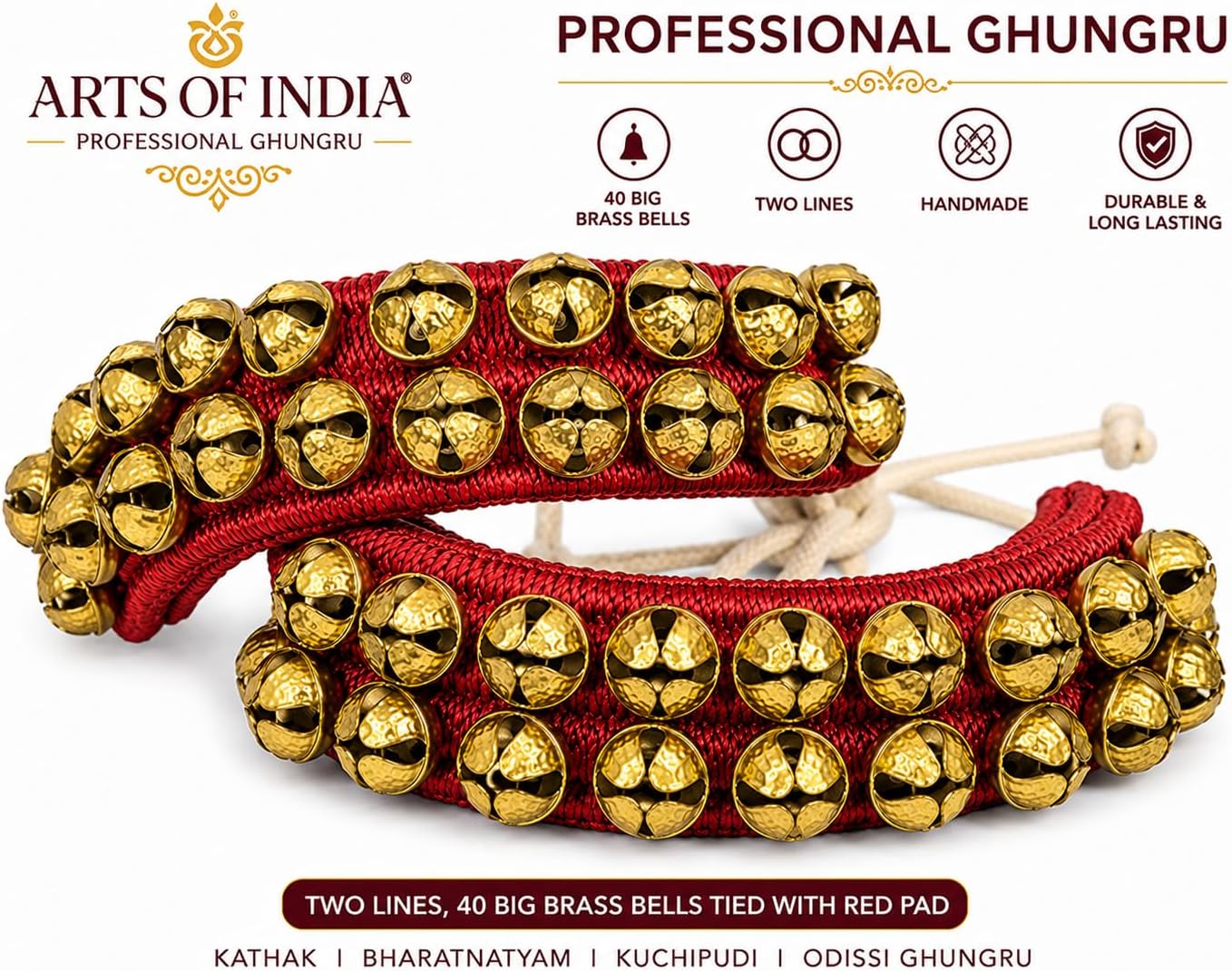 Kathak Ghungroo (2) Two Line Big Dancing Bells Ghungroo Pair Handmade Indian Classical Dance Accessories Bharatnatyam, Kuchipudi, Odissi Ghungru Red Pad