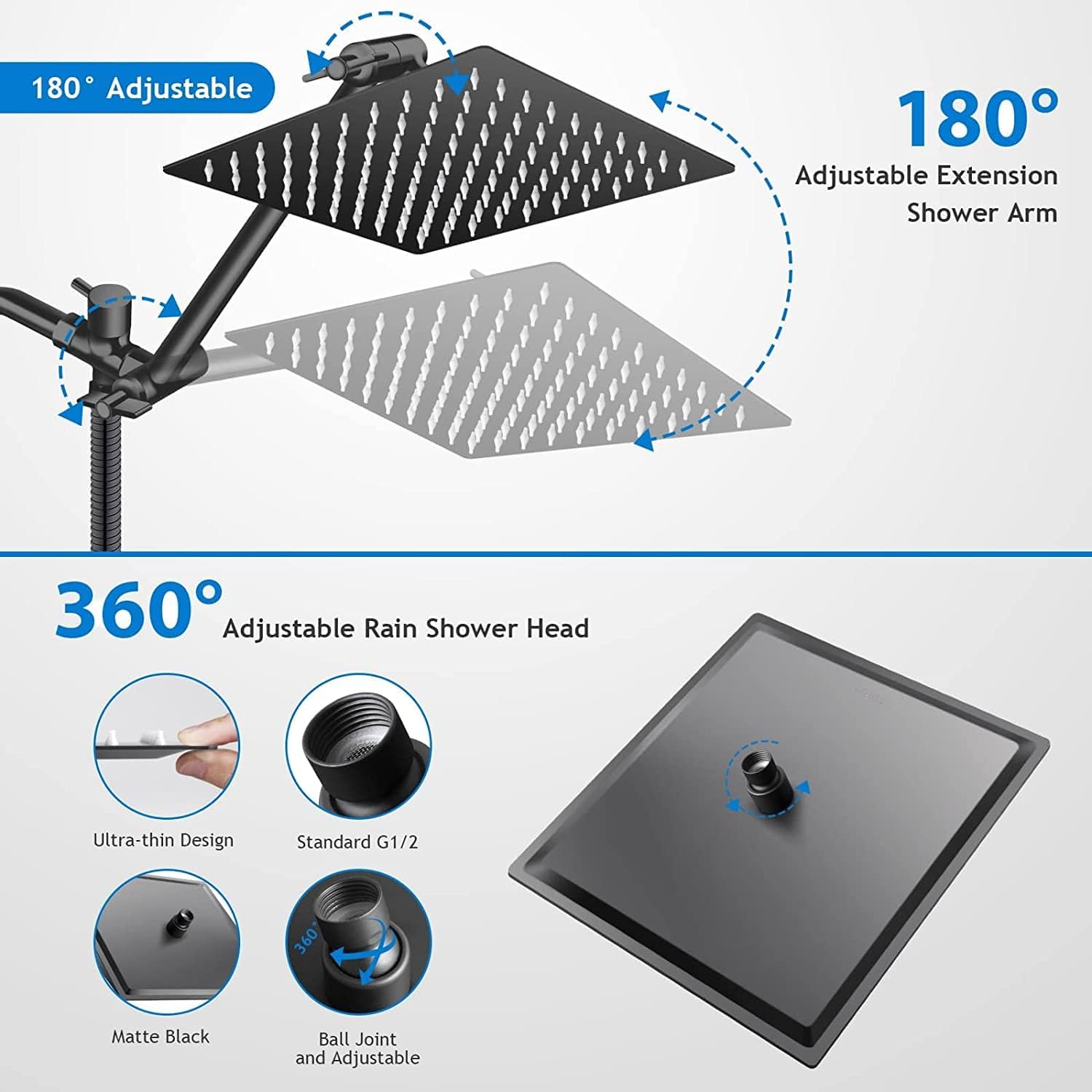 Rainfall Shower Head with Handheld Combo, Rain Shower Head with Handheld Spray 180° Adjustable with Extension Arm, 10 Inch&3 Spray Modes, Rain Shower Head Black - Easy To Install