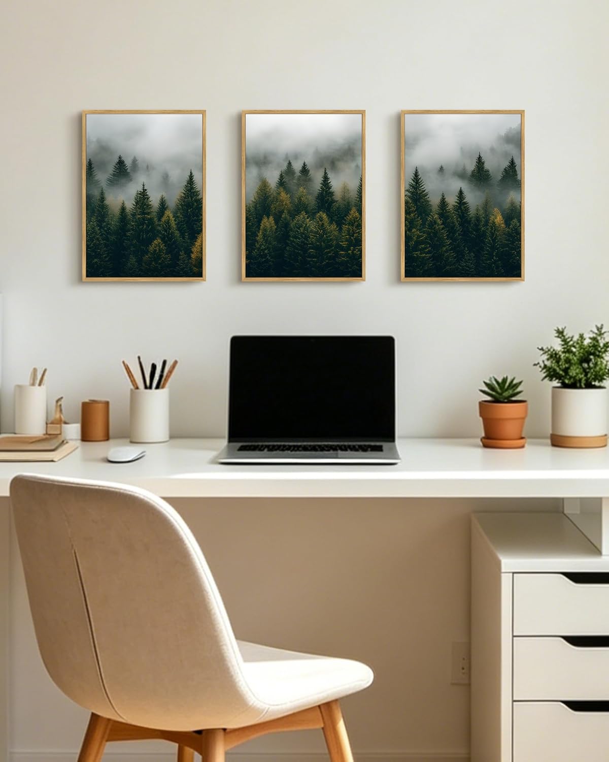 KUVIOKE Green Fog Pine Tree Landscape Framed Wall Art Nature Nordic Misty Forests Prints Morden Farmhouse Bedroom Living Room Ready to Hang 11x14in (Natural Framed)